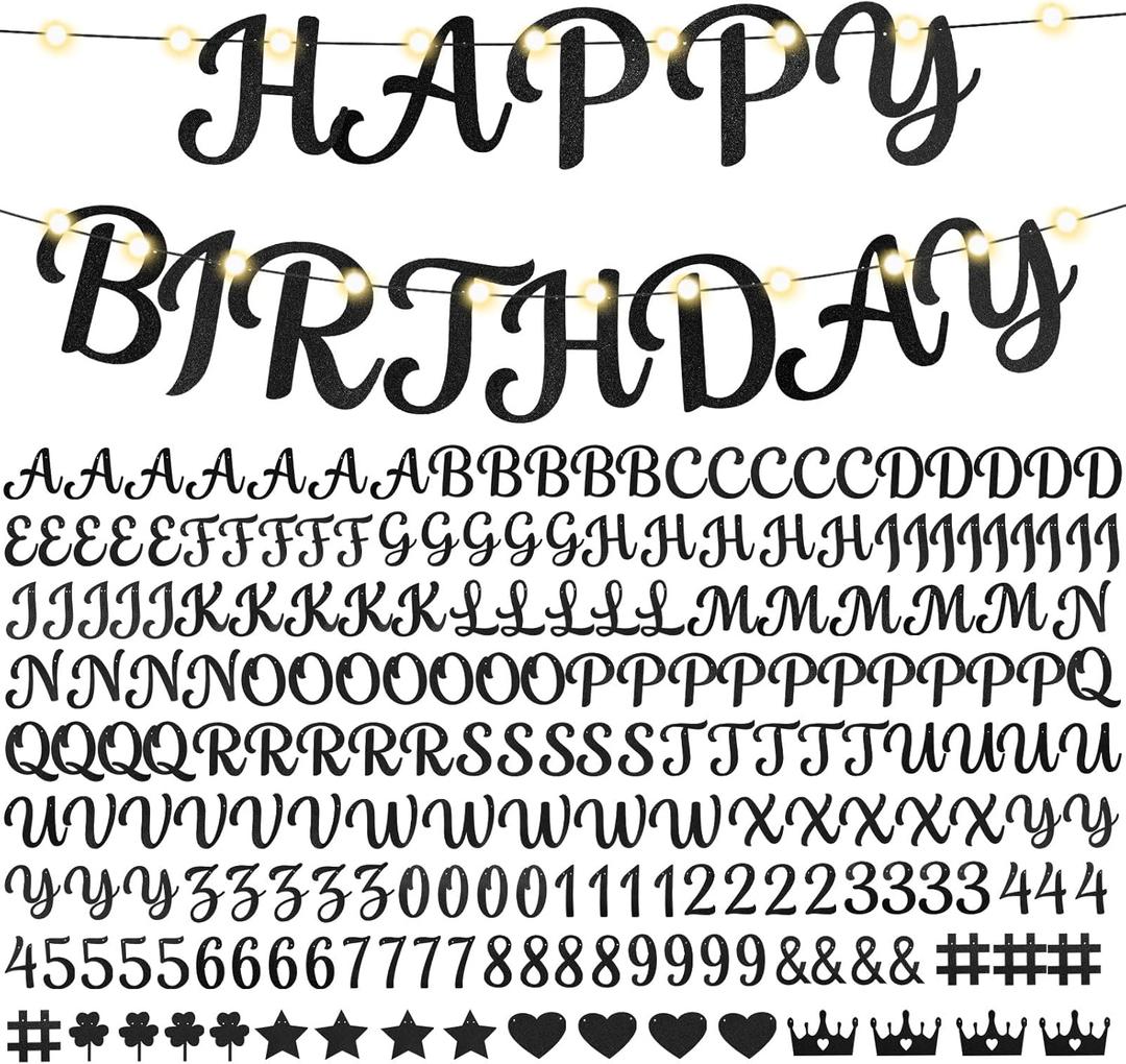 TaoBary 237 Pcs DIY Glitter Customizable Banner Kit Including 166 Letters 40 Numbers 24 Symbols 3 Light Strings 4 Rope for Birthday Party Halloween Weddings Decorations (Black)