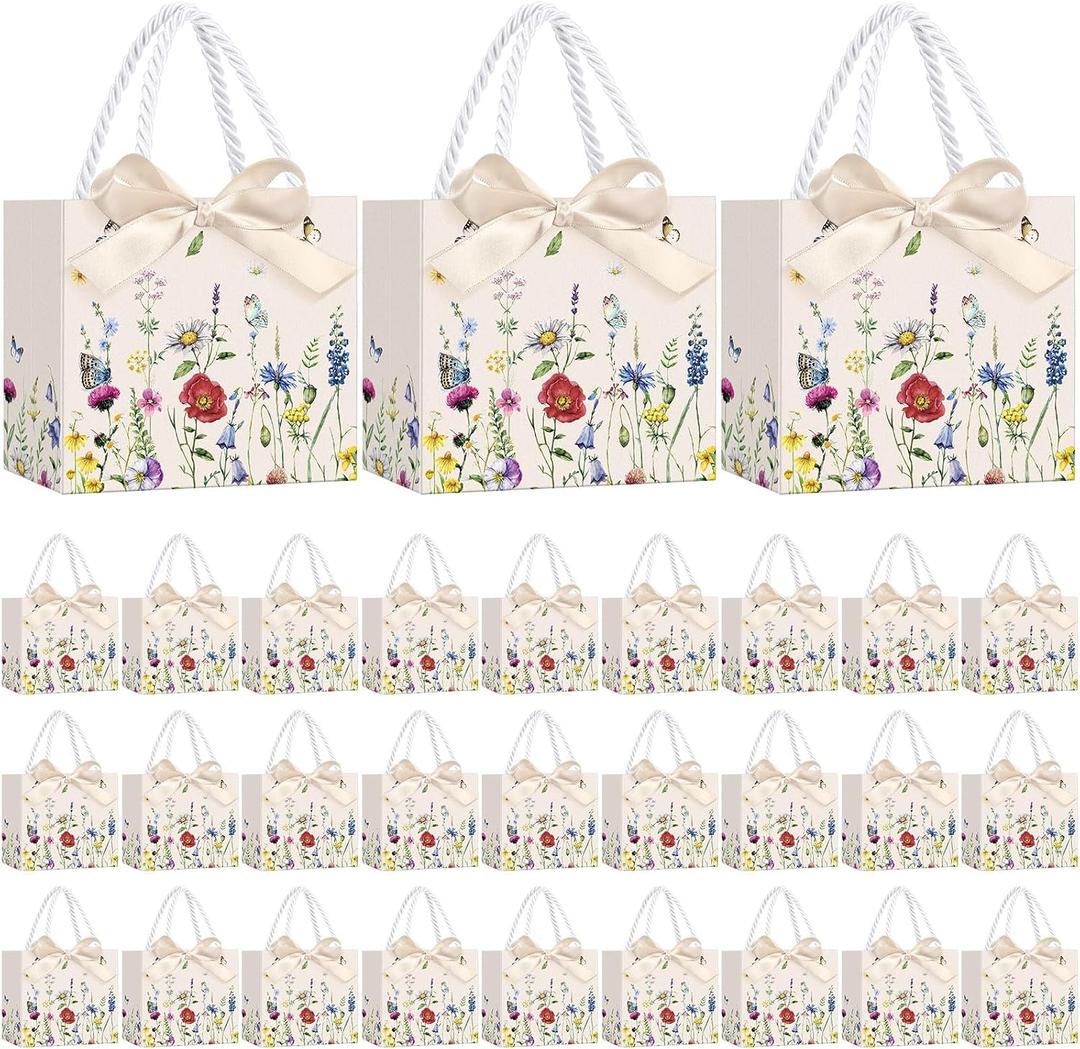 Moinchore 30 Pcs Wildflower Butterfly Paper Gift Bags Bulk 5.5 x 4.7 x 2.5 in Mini Flower Plant Favor Bags with Handles Bow Ribbon Wrap for Floral Birthday Home Wedding Bachelorette Tea Party Supplies