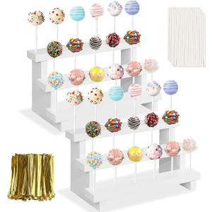 2Pcs Wood Cake Pop Stand, White Lollipop Holder 3 Tier with Twist Ties Lollipop Sticks, 17 Holes Sucker Display Riser for Dessert Table of Wedding Birthday Party