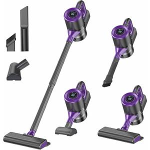 Cordless Vacuum Cleaner, Powerful Suction Vacuum Cleaners for Home, Stick Vacuum Cordless Rechargeable with LED Screen and 3-Speed Suction, Lightweight Handheld Vacuum for Pet Hair, Hard Floor, Carpet (Purple)