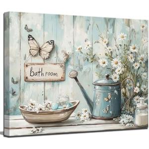 Vintage Farmhouse Bathroom Canvas Wall Art Rustic Flower and Butterfly Decor Pictures White Jasmine Flowers Watering Can Posters Prints for Bathroom Toilet Washroom Lavatory Home Decoration