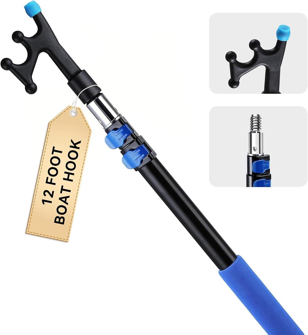 Telescoping Boat Hook for Docking, Non-Slip Rubber Tip, 3-Stage Anodized Aluminum Pole, Floating, Lightweight & Durable, Scratch-Resistant & Rustproof, 3/4" Threaded End for Push Pull Boating, 12 Ft Pole With Boat Hooks