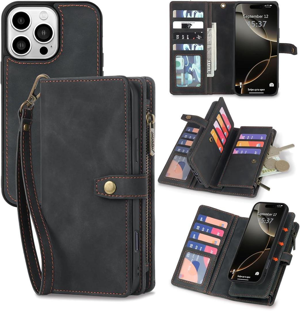 TwoHead Wallet Case Compatible with iPhone 16 Pro,Detachable Magnetic Phone Case,PU Leather All-Round Protective Case Wallet with Card Holder/Change Pocket,6.3 in,Black