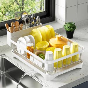 Dish Drying Rack Single Layer with Utensil Holder, Adjustable Spout Auto-Draining Dish Rack for Kitchen Counter, Large Capacity for Plates, Bowls, Cups, Dish Drainer with Drainboard,White (One Tier - White)