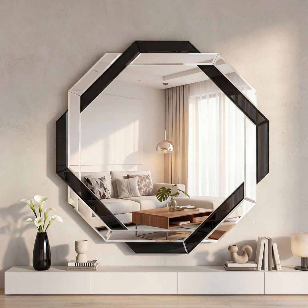 Vercraft Black Bathroom Mirror 20"20" Decorative Beveled Edge Frameless Mirror Wall Mirrors Hexagon Silver Polished for Wall Bathroom Vanity Room Bedroom Living Room and Enter Way