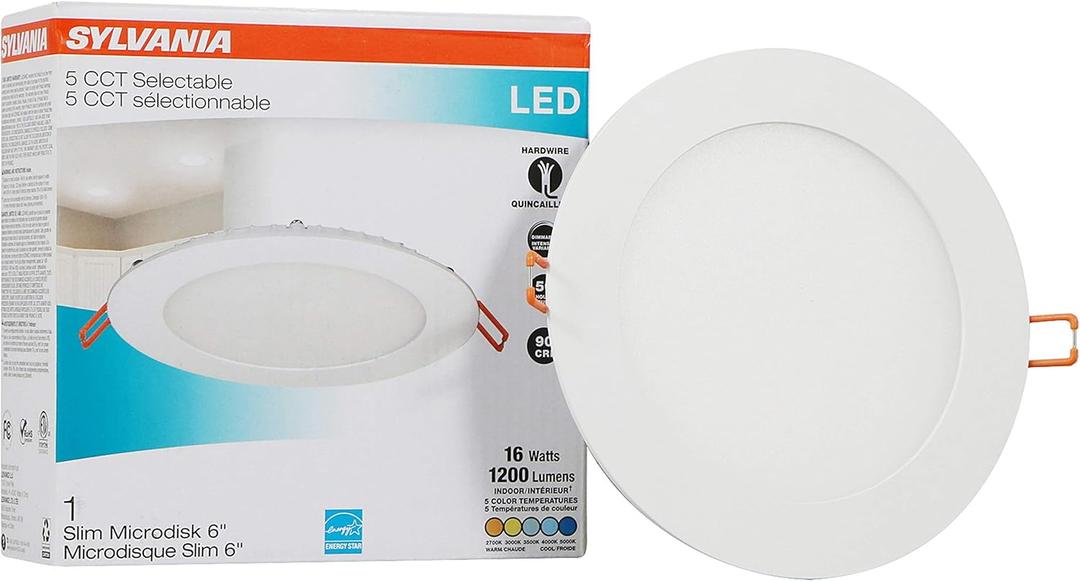 SYLVANIA LED 6" Slim Microdisk Recessed Downlight, Junction Box, 16W, 5 CCT Color Select (2700K / 3000K / 3500K / 4000K / 5000K), Dimmable, 1200 Lumens - 1 Pack (61405) SYLVANIA LED 6" Slim Microdisk Recessed Downlight, Junction Box, 16W, 5 CCT Color Select (2700K / 3000K / 3500K / 4000K / 5000K), Dimmable, 1200 Lumens - 1 Pack (61405)