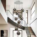 Long Chandeliers for High Ceilings,Modern Glass Ball Pendant Light,Raindrop Drop Lamp,Hanging Flush Mount Lighting Fixtures for Spiral Staircase,Foyer,Entryway,Living Room,Grey