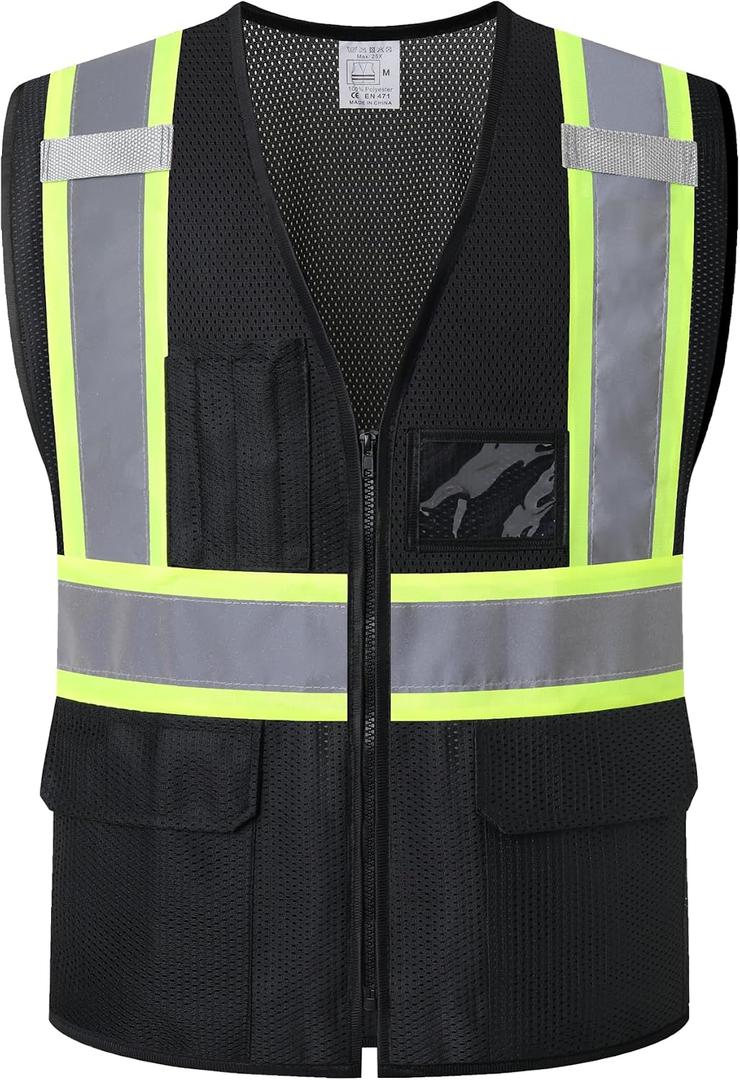 Reflective Safety Vest for Men Women Hi Vis Vest with Pockets High Visibility Vest Mesh Construction Vests Meets ANSI/ISEA Standards (Black-33, Large)
