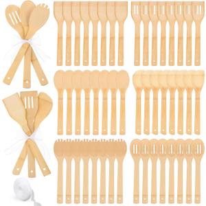 72 Pcs Bamboo Spatula Wooden Kitchen Utensil Bulk 12''wood Spoon Spatula for Cooking with Ribbon Bridal Baby Shower Game Prize Wedding Party Favors Housewarming Gift (Various Style)