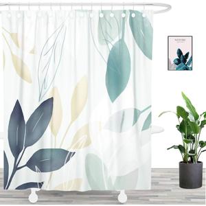 Mordern Art Blue Watercolor Leaves Fabric Shower Curtain, Blue and Green Plants Dcor Bathroom Decoration Curtain. 71" x 71", Light Green Background
