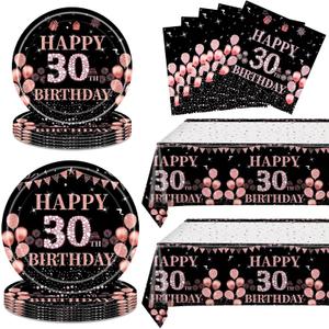 2 x 62Pcs 30th Birthday Decorations for Girls Her, Rose Gold Birthday Party Supplies Include 20 7''Plates 20 9'' Plates 20 Napkins and 2 Tablecloth, Rose Gold Princess Party Tableware for 20 Guests