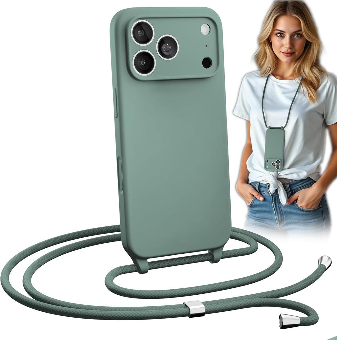Blaspins Crossbody Lanyard Strap Case for iPhone 17 Pro Max, Hands-Free Neck Cross Body Wrist, Adjustable Rope Removable, Drop Protection Silicone Case 6.9 inch, 150 cm Strap, iP17PM - Pine Green