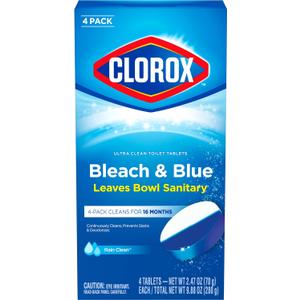 CLOROX Ultra Clean Toilet Tablets Bleach & Blue, Rain Clean Scent 2.47 Ounces Each, 4 Count (Package May Vary) (9.88 Ounce (Pack of 1))