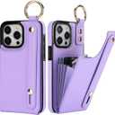 Folosu for iPhone 15 Pro Max Wallet Case with Card Holder, Hand Wrist Strap Loop Holder Kickstand, RFID Blocking Finger Grip Ring PU Leather Double Buttons Shockproof Cover 6.7" Purple