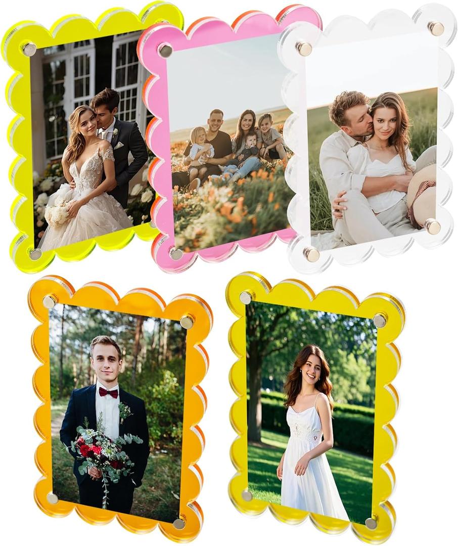 5 Pack 2.36 x 3.54 Inch Acrylic Fridge Magnetic Picture Frames, Colorful Scalloped Clear Polaroid Frames, Double-Sided Magnet Photo Holder for Instax Mini and Wallet Size Photos (Light)