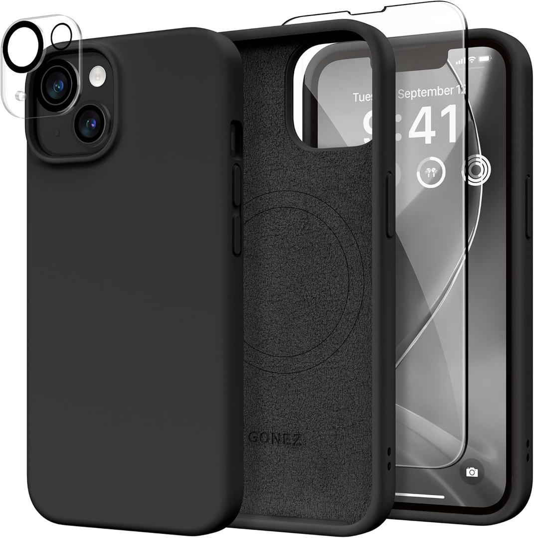 GONEZ Magnetic for iPhone 14 Case, Compatible with Magsafe, with Screen Protector + Camera Protector, Anti-Scratch Microfiber Lining, Liquid Silicone Shockproof Protective Phone Case, Black