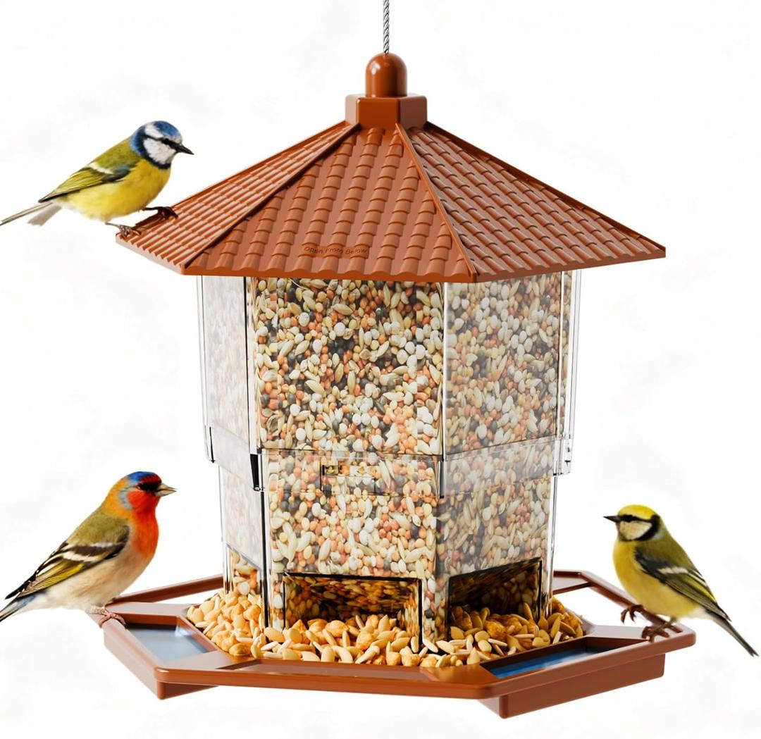 Yieach Hanging Bird Feeder for Outdoors,Large Hopper Squirrel Proof Birdfeeder for Cedar,Red,Cardinal,Blue Jay and Wild Birds,Easy to Feel Birdhouse & Bird Seed Feeder & Gazebo for Outside,Tree,Brown