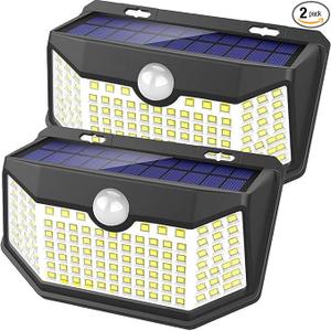 HMCITY Solar Lights Outdoor 120 LED with 3 Lighting Modes, Motion Sensor Wall Lights,IP65 Waterproof Solar Powered for Garden Patio Yard (Back Button 2Packs, Black Shell-Daylight White)