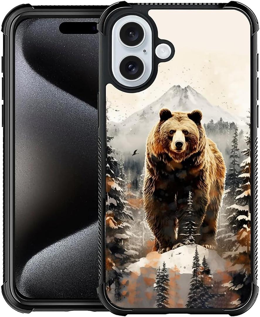 Compatible with iPhone 16 Case,Bear Snow Mountain Forest Amazing Pattern Design Shockproof Anti-Scratch Hard PC Back Case for iPhone 16
