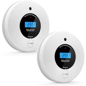 2 Pack 10 Year Battery Smoke and Carbon Monoxide Detector, Slim Smoke Alarm CO Detector with Large LCD Display, Adhesive or Screw Installation