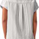 Astylish Womens Striped Henley Neck Linen Shirt Casual Button Down Cap Sleeve Blouse Tops (S)