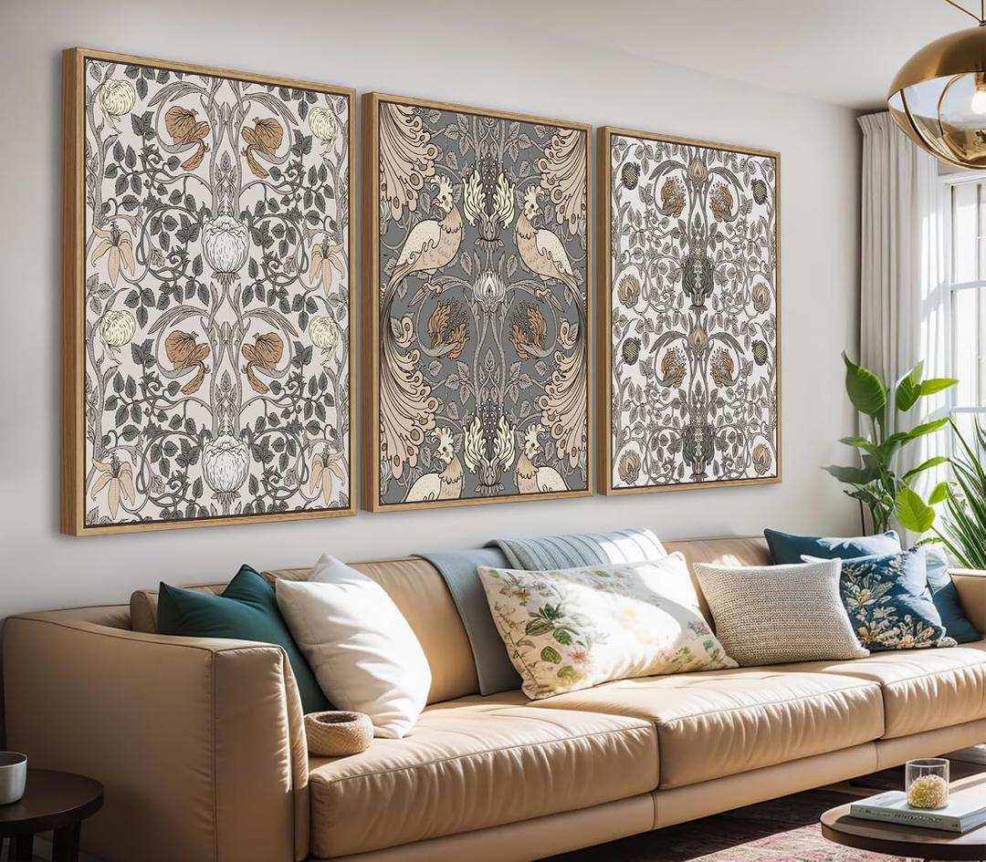 Large Retro Framed Wall Art - Natural Float Framed Vintage Flowers Canvas William Morris Painting Pictures Rustic Floral Pattern Prints Artwork for Living Room Bedroom Office Decor 48" X 24" Set of 3