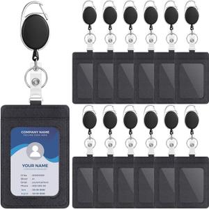 12 Pack Badge Holders and Heavy Duty Retractable Reel Clips Set, Vertical Leather ID Badge Holders with Clear ID Window and Credit Card Slots for Keychain Key Card Nurse Office Credit