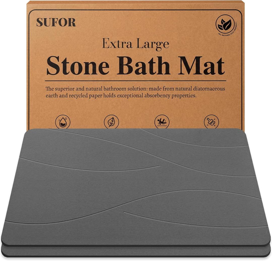 32"x20" Stone Bath Mat 2Pack, Diatomaceous Earth Shower Mat, Non-Slip Super Absorbent Quick Drying Bathroom Floor Mat, Natural, Easy to Clean (Dark Grey)