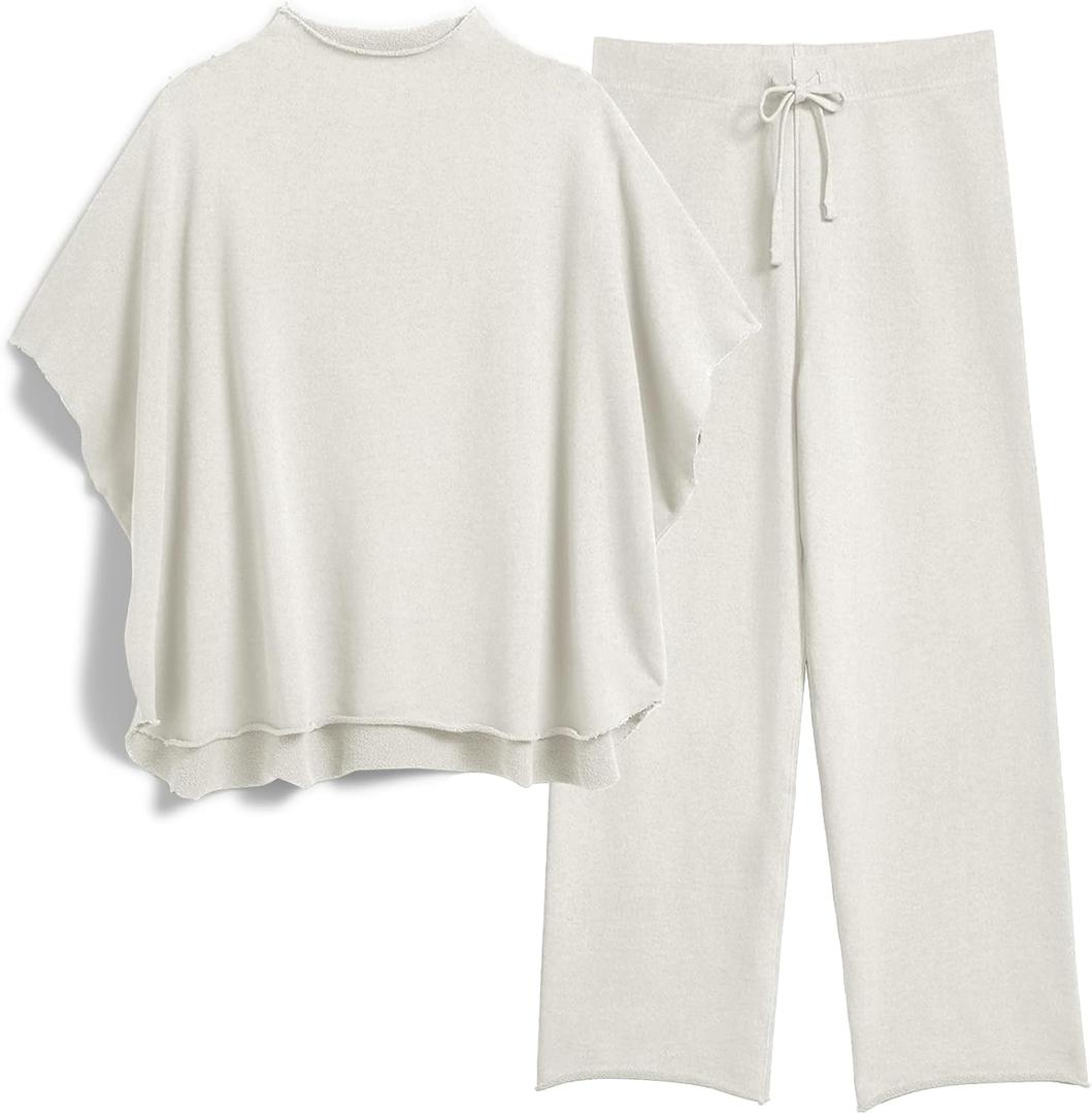 SeeLuNa Women's Two Piece Outfits 3/4 Batwing Sleeve Capelet Crew Neck Pullover Top Wide Leg Pants Lounge Set (S)