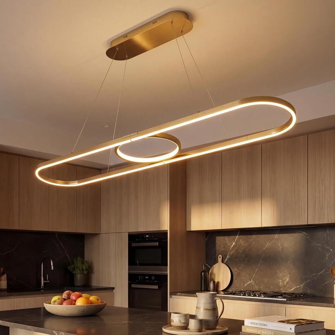 Modern LED Pendant Lights, Dimmable Linear Ring LED Chandelier Lighting, Chrome & Gold Dining Room Hanging Light Fixtures Kitchen Island Pendant Light for Dining Table (Golden 59'' (150CM))