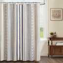 Nave Blue Boho Shower Curtain for Bathroom,Beige Linen with Striped Print and Twine-Inspired Woven Center,72" W x 72" L