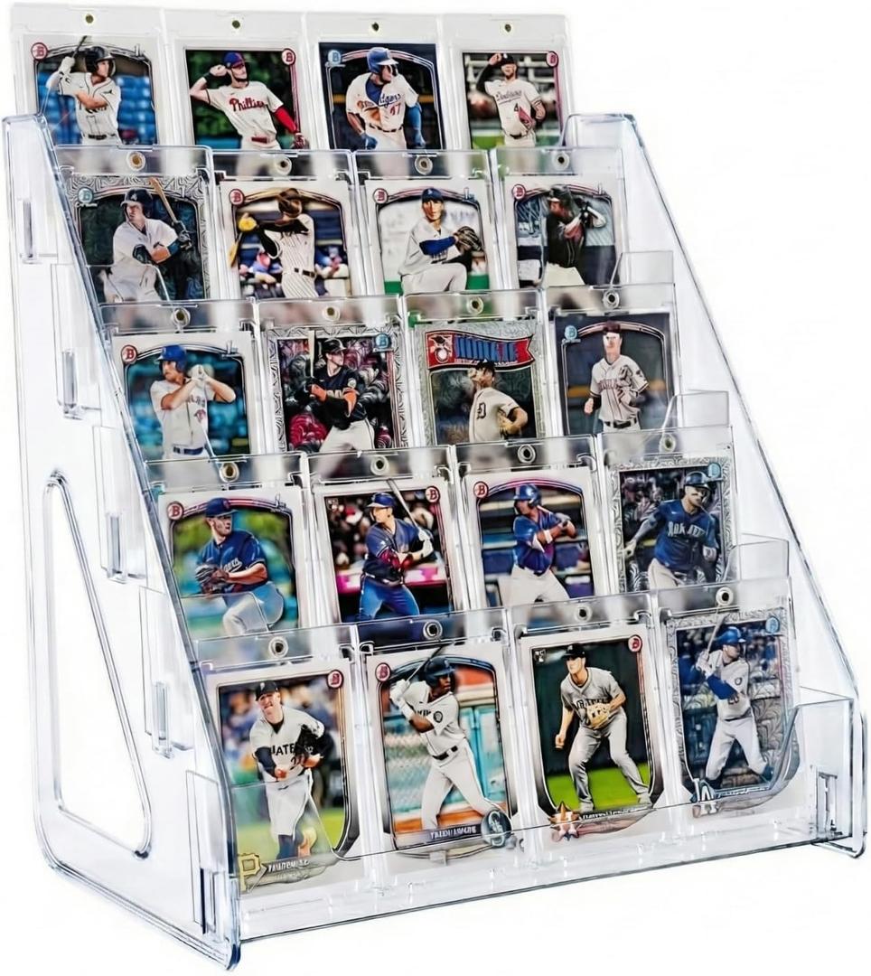 Card Stand For Sports Cards, 5 Tier Trading Card Stand for PSA Slabs, Baseball Cards, Basketball Cards, Clear Shelf for Greeting Card Display, Bookmark Holder, Sticker Display Stand for Vendors (1 Pack)