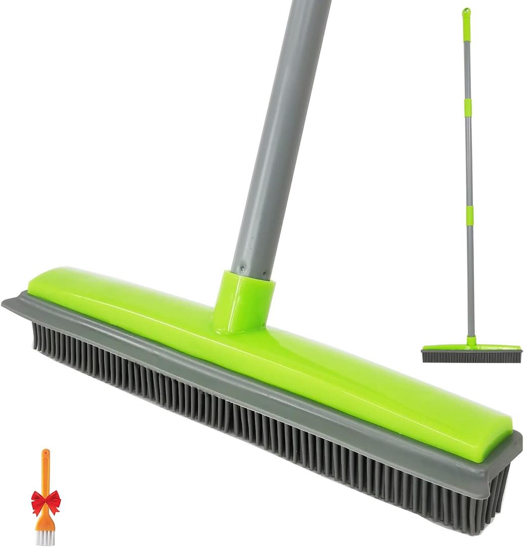 Push Broom Pet Hair Removal Broom with Squeegee,Soft Silicone Bristle Broom with Long Handle, Non Scratch Carpet Sweeper Brush for Cat/Dog Hair Hardwood Tile Windows(Green)