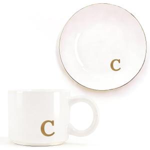 RainVibe Elegant Gift Set for Women – Personalized Monogram Ceramic Mug & Jewelry Tray – 12 oz Gold-Initial Coffee Cup with Gift Box, 4.75" Decorative Dish for Rings, Earrings, Keys (Letter C), 15 Ounces