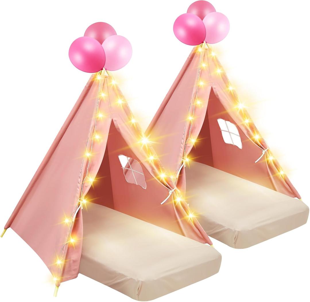 2 Pack Kids Teepee Tent with Mattress,Fitted Sheet,Light String,Washable Natural Cotton Toddler Play Tent for Girls Boys Indoor Outdoor Sleepover Slumber Birthday Party(Pink), 61.81 inches x 25.98 inches x 7.09 inches