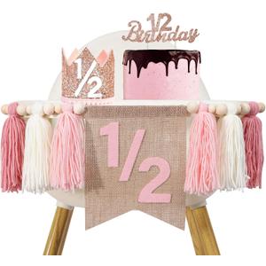 1/2 Birthday Girl Pink Half Birthday Decorations High Chair Banner Tassel Wood Bead Garland6 Months Decorations