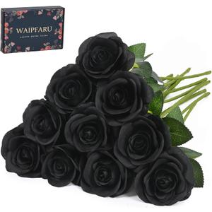 Waipfaru Halloween Flowers, Fake Black Roses Artificial Flowers, Artificial Roses with Long Stems, Faux Silk Roses for Wedding Bouquet Table Centerpieces Indoor Outdoor Decor (10 Pcs, Black)