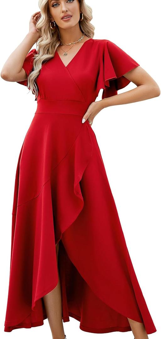 Long Black Formal Dresses for Women Gowns Evening Party Cocktail Dress,Split Elegant V Neck Wrap Ruffle Wedding Guest Dresses (Medium, Bright Red)