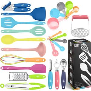 Kaluns 24 Pcs Silicone Cooking Utensils Set - Can Opener, Masher, Turner, Spatula, 446F Heat Resistant, Non-Stick, Premium Silicone & Stainless Steel