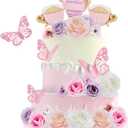 33 Pieces Tea Party Cake Toppers Flower Butterfly Teapot Teacup Floral Birthday Cake Decorations for Wedding Baby Shower Princess Tea Party Supplies