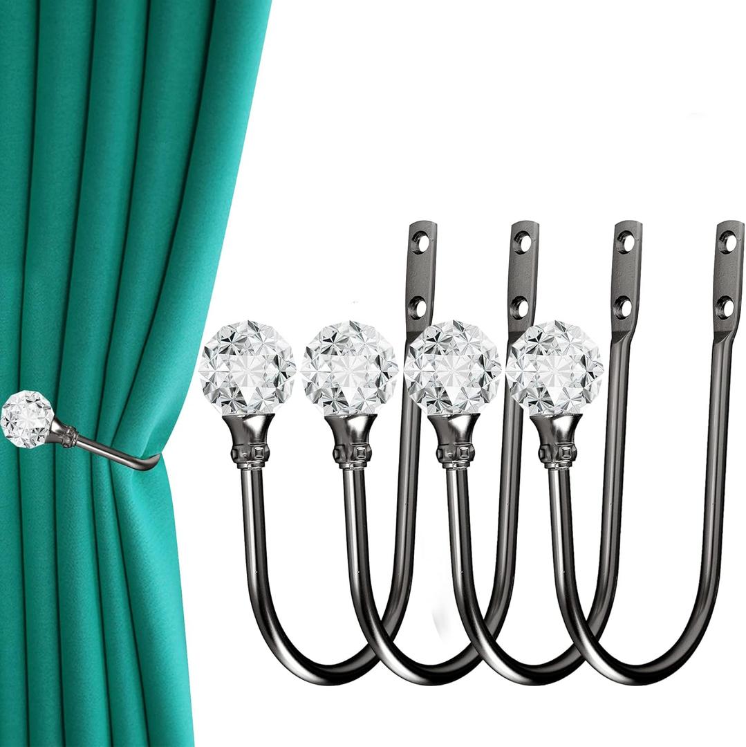 Curtain Holdback, 4Pcs Wall Mounted Drapery Tiebacks with Clear Crystal Ball, Heavy Duty Metal Decorative Window Drapery Curtain Holder Curtain Hooks with Screws, Matt Black