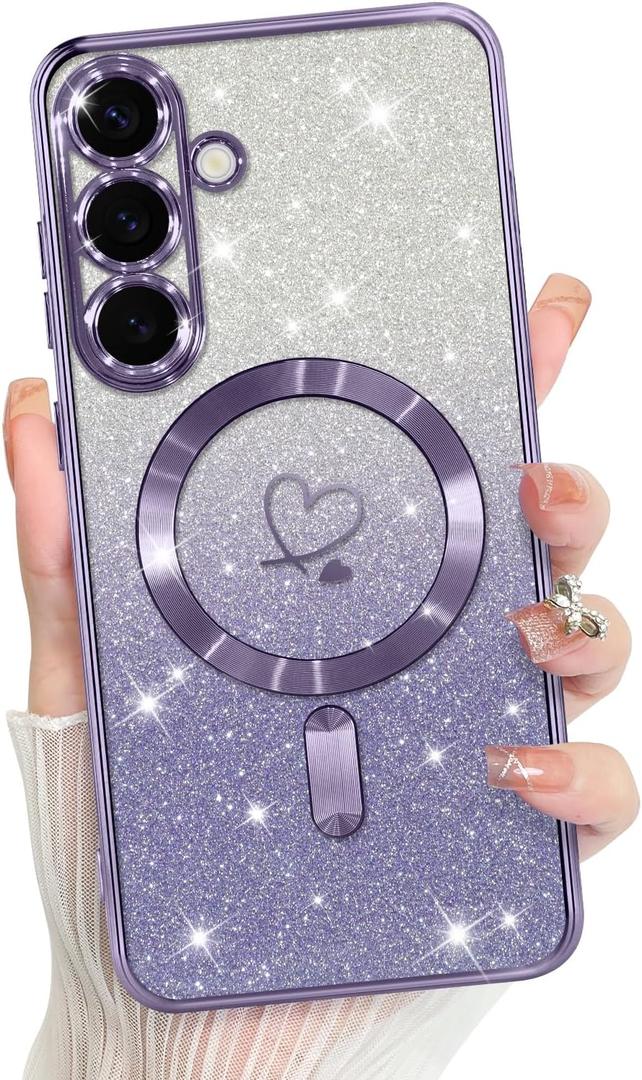 Bonoma Compatible with Samsung Galaxy S25 Plus Case Support for MagSafe, Plating Heart Glitter Magnetic Case TPU Camera Protection Back Cover for Phone Case -Purple