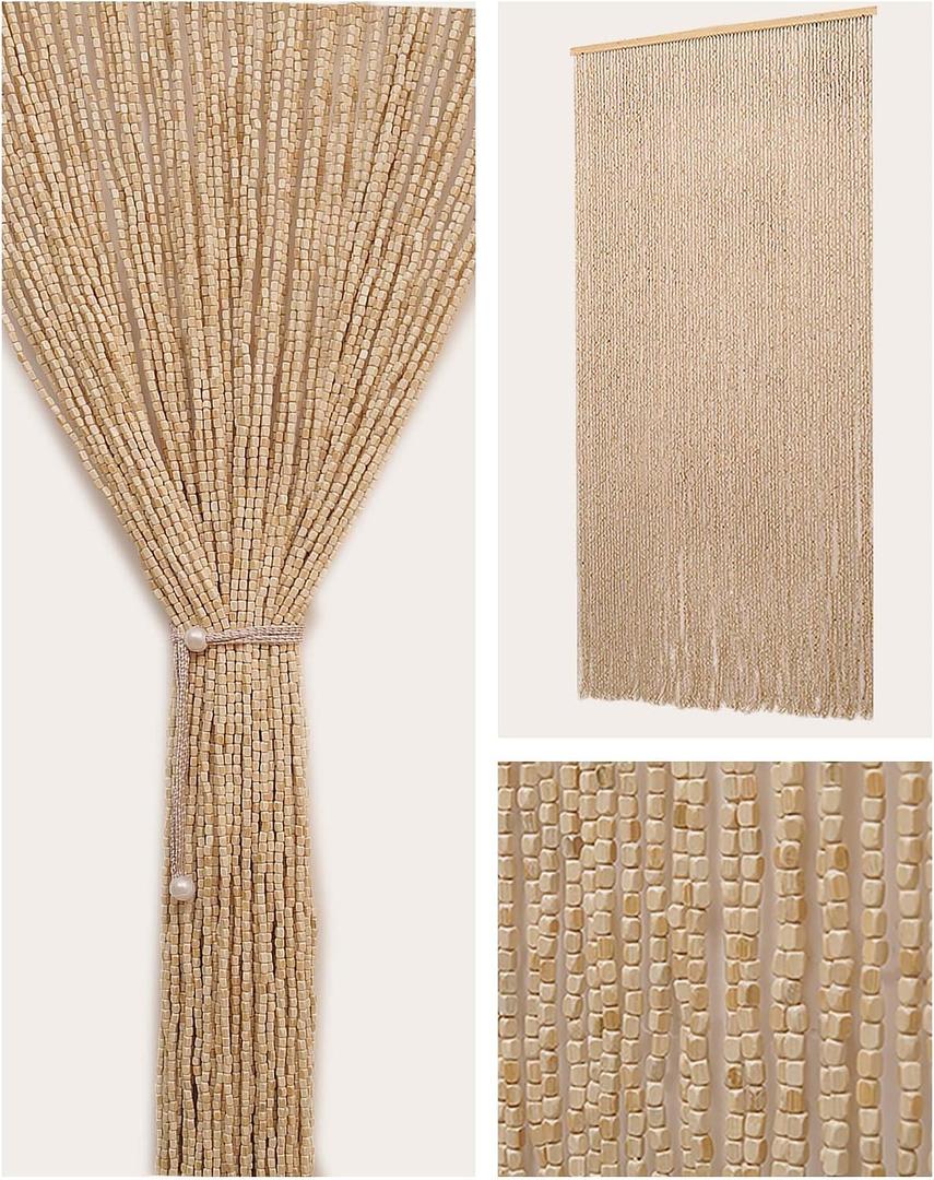 90 Strands Beaded Curtain for Doorways -35.5"x79"- Handmade Natural Beaded CurtainsBoho Doorway Wood and Bamboo Bead Curtain-As Insect Screen/Room Divider-Beige, 35.5"W x 78.7"L