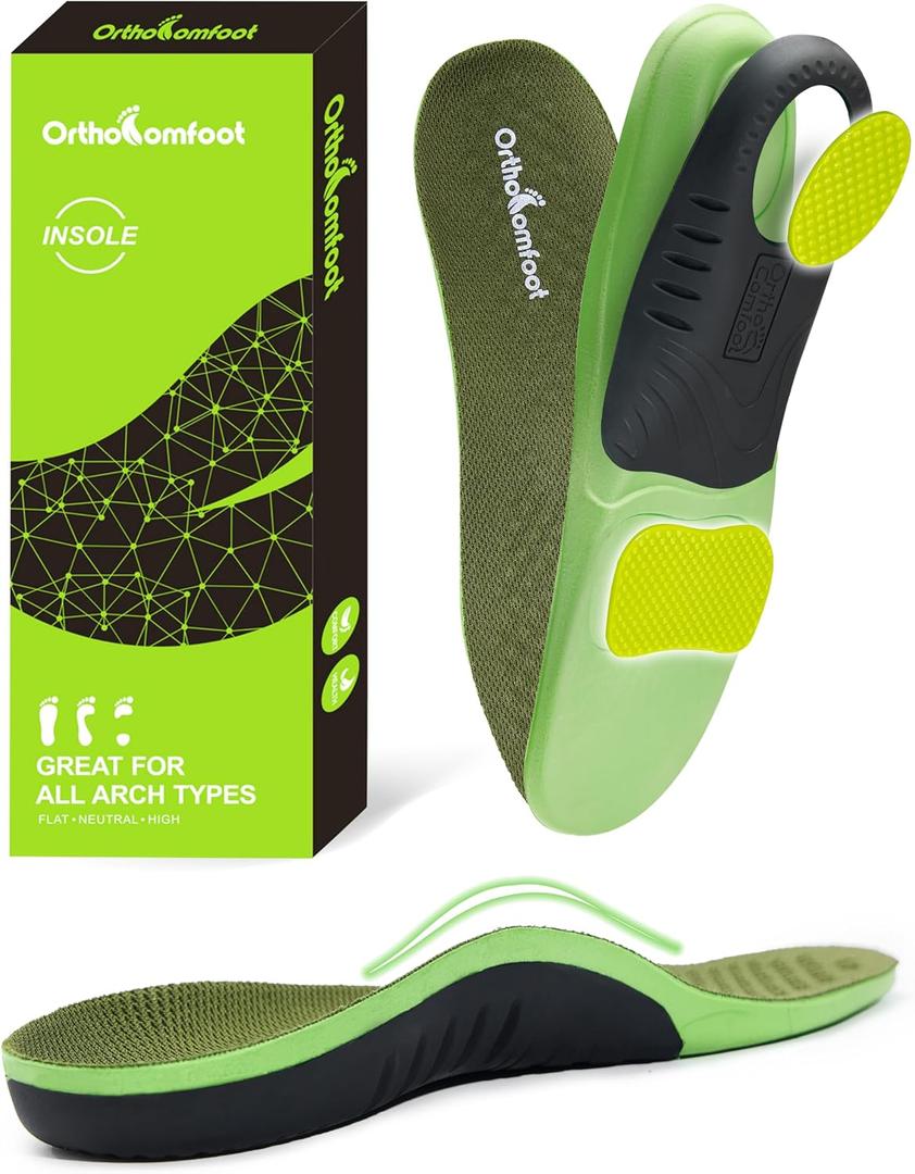 OrthoComfoot High Arch Support Inserts for Women & Men Orthotic Insoles for Plantar Fasciitis, Flat Feet, Heel Pain Relief, Comfortable Arch Shoe Soles for Standing All-Day, Size 10 Men/12 Women