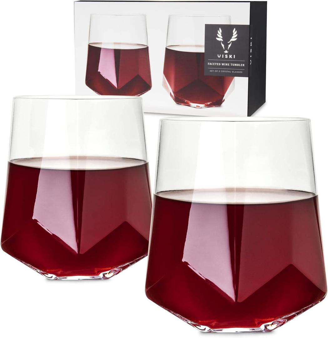 Viski Raye Faceted Crystal Wine Glasses Set of 2, No-Lead Premium Crystal Clear Glass, Modern Stemless, Wine Glass Gift Set, 20 oz