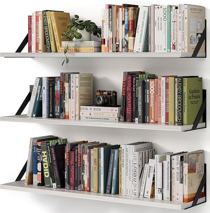 Floating Book Shelves, Set of 3, 36 Inches Wall Bookshelf, Long Large Deep Floating Shelves, Rustic Brown Wood Hanging Wall Shelves for Kitchen, Bedroom (Rustic White, 36Inches)