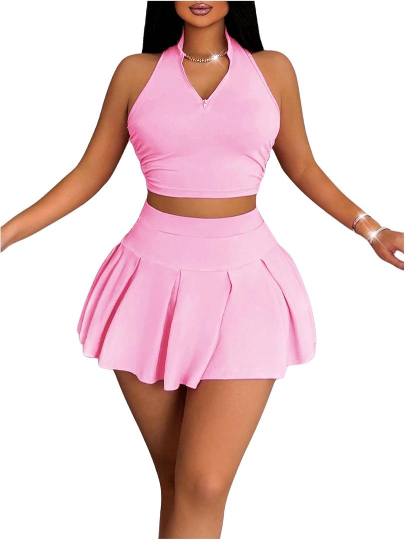 Women's 2 Piece Tennis Skirt Set Sleeveless Racerback Crop Tank Tops High Waisted Pleated Mini Skirt Outfits (Pink) M