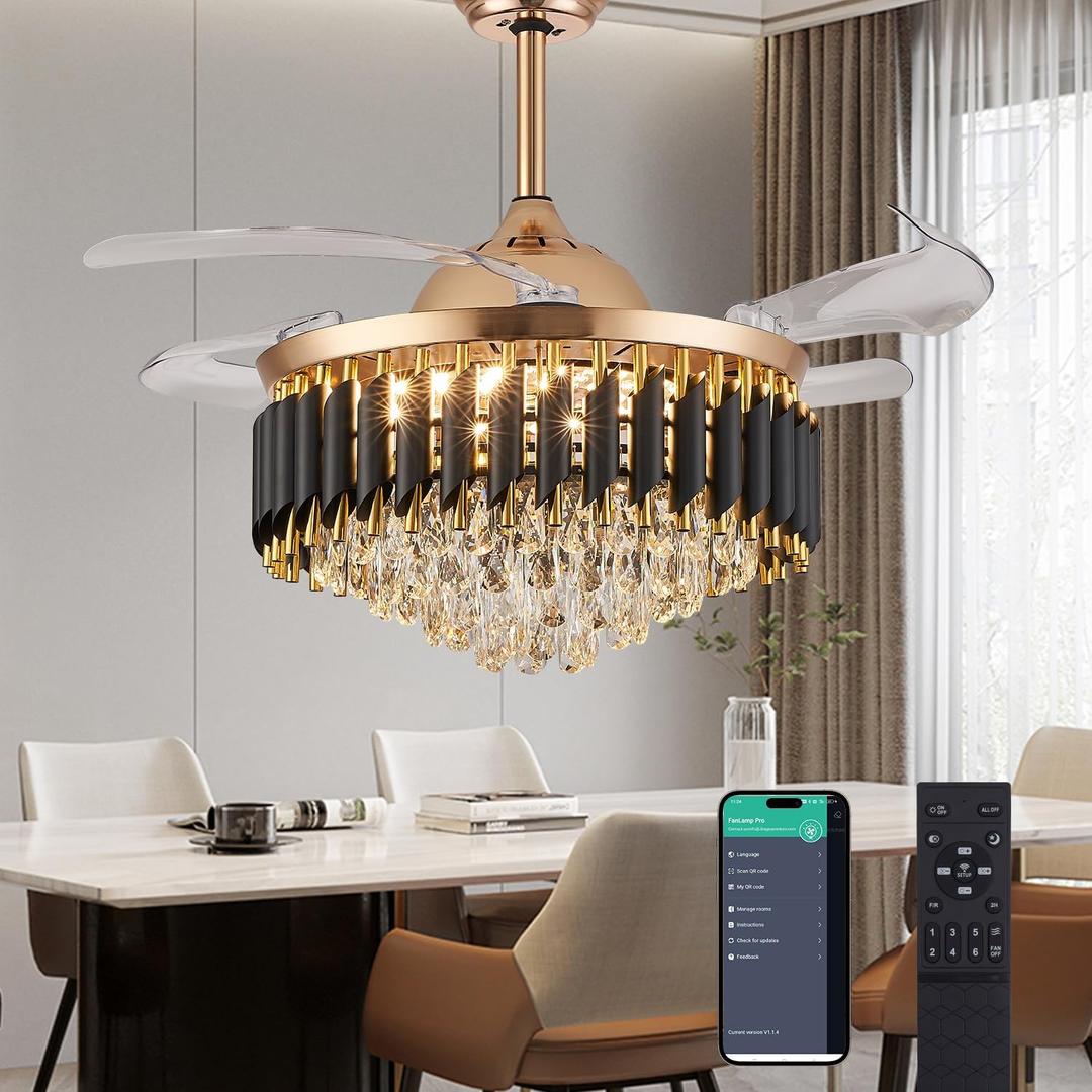 48" Dimmable Gold Fandelier Crystal Ceiling Fans with Lights and Remote Modern Retractable Blade Chandelier Ceiling Fans for Bedroom Dinning Room Living Room