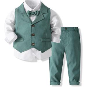 Kimocat Baby Boys Gentleman Bowtie Formal Outfit Suits Tuxedo Vest Wedding Party Suit (3T, Green)