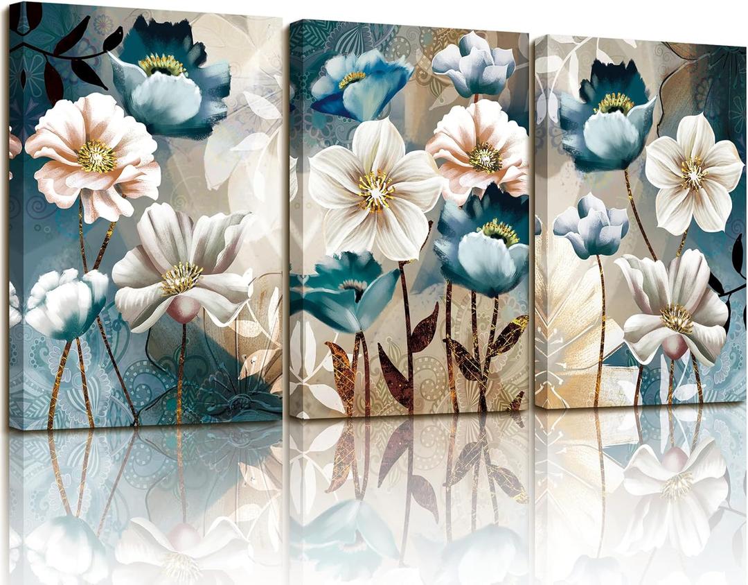 SERIMINO Large Canvas Wall Art for Living Room, Blue Floral Pictures Wall Decor for Dining Room Bedroom Bathroom Kitchen 3 Pieces Lotus Flower Print Painting for Home Decorations 20"X28" (White and Indigo Blue Lotus)